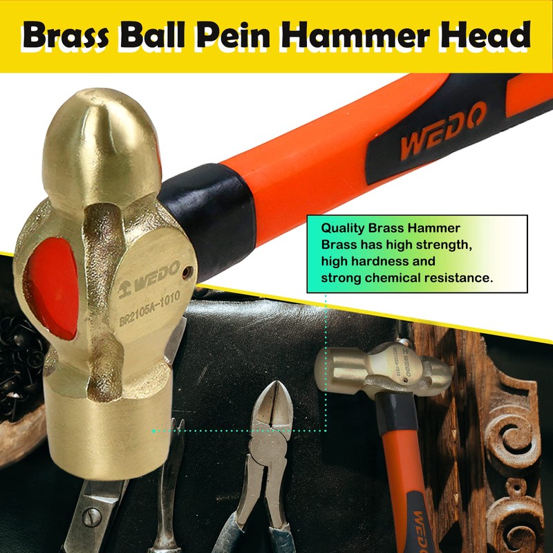 WEDO Brass Ball Peen Hammer with Fiberglass Handle,Ball Pein Hammer,