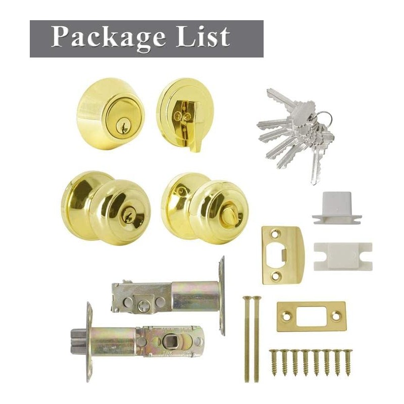 Probrico Polished Brass Keyed Entry Door Knob and Single Cylinder