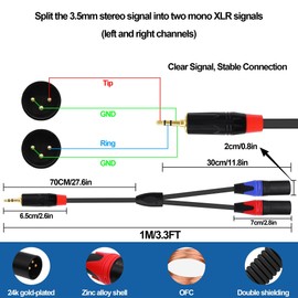 CybNemo 3.5mm 1/8 TRS to Dual XLR Y-Splitter Audio Cable 2 XLR Male to 1/8 Inch Male Jack TRS Stereo Aux Adapter Interconnect Breakout Patch Cord for Mic Smartphone Laptop -1M/3.3FT