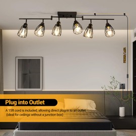 TuyuBEE 6-Light Plug in Track Lighting with Power Cord, Plug in Ceiling Light Flush Mount Black LED Track Lighting Fixtures for Kitchen Farmhouse Track Light Kit with Metal Cage, E26 Base (No Bulbs)