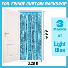3 Pack 3.28x6.6 Ft Light Blue Foil Fringe Curtains Backdrop, Metallic Tinsel Streamers Curtains Backdrop for Photo Booth, Birthday, Graduation, Mother's Day, Disco, Celebration Party Decoration