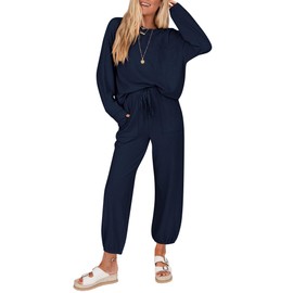 KIRUNDO Lounge Sets for Women 2025 Fall Travel Airport Outfits Ribbed Knit Tops Jogger Pants Tracksuit Postpartum Comfy Set(Navy, Small)