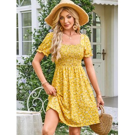 Naggoo Womens Sundress Summer Floral Short Sleeve Square Neck A Line Flowy Midi Dresses with Pockets Yellow Floral S