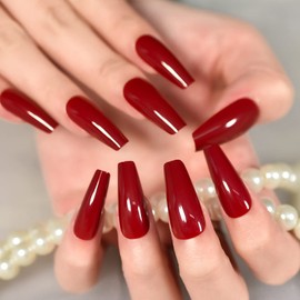 Elevenail Press on Nails Glossy Red Nails Long Coffin False Nails Faux Ongles Reusable Xmas Nail Art Tips Salon DIY Manicure Acrylic Fake Nails Gifts for Women Girls