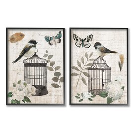 Stupell Industries Vintage Perched Bird Cage Butterfly Timeless Cursive 2pc set Framed Wall Art, Design by Nan