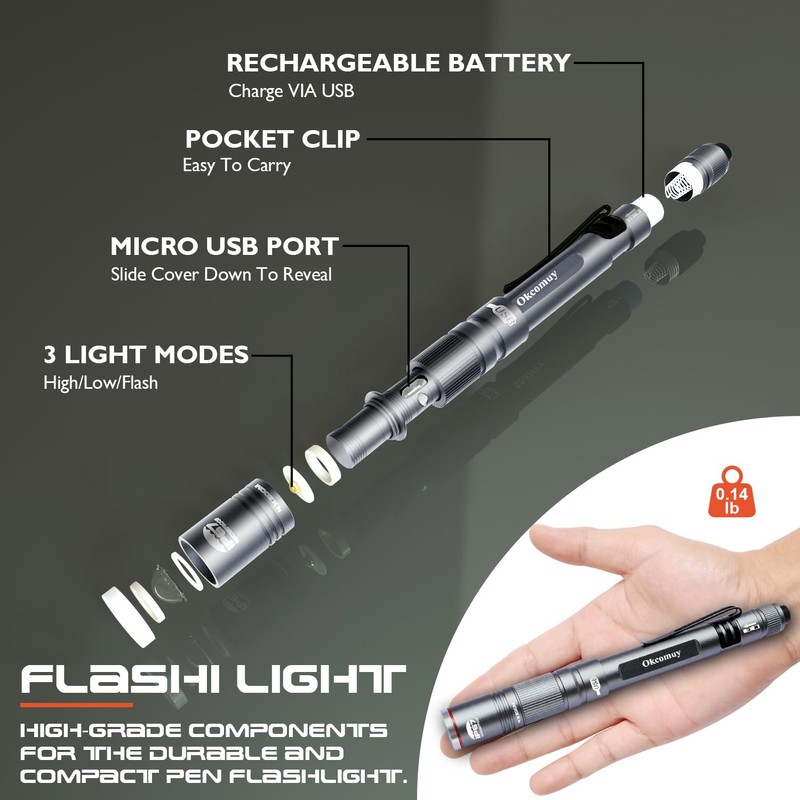 okcomuy Rechargeable Pen Light Flashlight IP67 Waterproof with Pocket Clip