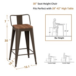 WENTMENT Bar Stools Set of 4 Counter Height Bar Stools Metal Barstools with Removable Back 30" Kitchen Bar Stools with Wooden Seat, Rusty