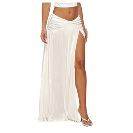 Milumia Women's Low Rise Maxi Skirt Side Slit Beach Ruffle Hem Flowy Boho Long Skirts White X-Small