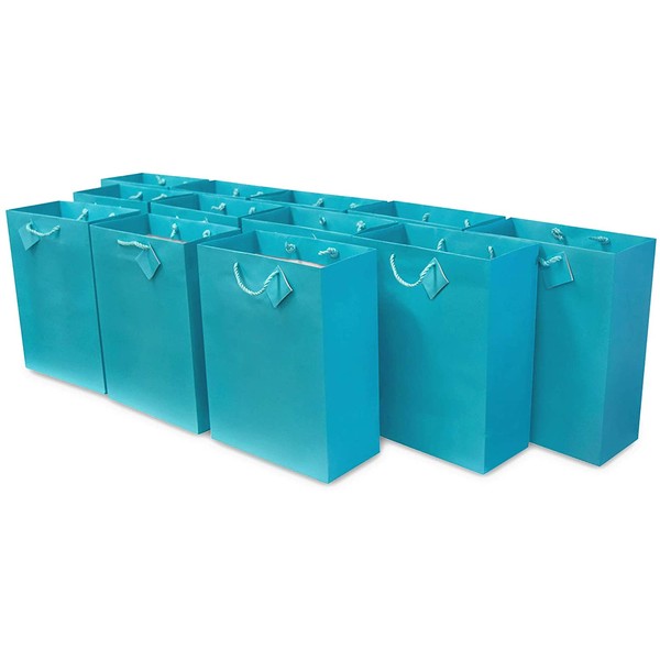 Small Turquoise Premium Quality Paper Gift Bags with Handles, Party Favor Bags for Birthday Parties, Weddings, Holidays and All Occasions 12 Pcs. 6x7.5x3"