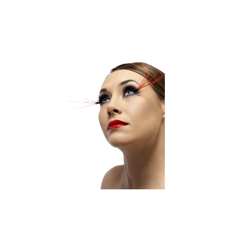 Falsche, Schwarze Wimpern mit großen, roten Federn