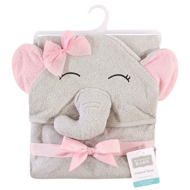 Hudson Baby Animal Face Hooded Towel for Girls, Pretty Elephant