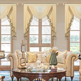 VOGOL Vintage Style Waterfall Valance, 39 Inches Wide Soft Touch Sheer Drapes for Living Room, Classical Rod Pocket Silky Swag Valance with Handmade Tassels, Brown, 1 Panel