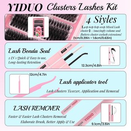 YIDUO Fluffy False Eyelashes Kit, 4 Styles 10-18mm Individual Eyelashes Extensions Kit with Lash Bond & Lash Remover & Lash Applicator & Eye Makeup Brush, Valentine's Day Gift - Specification: Set-2, Color: one size