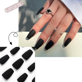 Mkwntg Black Press on Nails Medium Square Fake Nails Matte Solid Color Glue on Nails Ballerina Pure Black False Nails Reusable Full Cover Artificial Acrylic Nails for Women Girls Nail Decoration 24Pcs