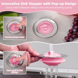 Hibbent Universal 3 in 1 Kitchen Sink Drain Strainer with Sink Stopper, Chrome Stainless Steel Wraped Shell, Anti-Clogging Basket Strainer, Foldable Handle, Fit for US Standard 3-1/2" Drain, Pink