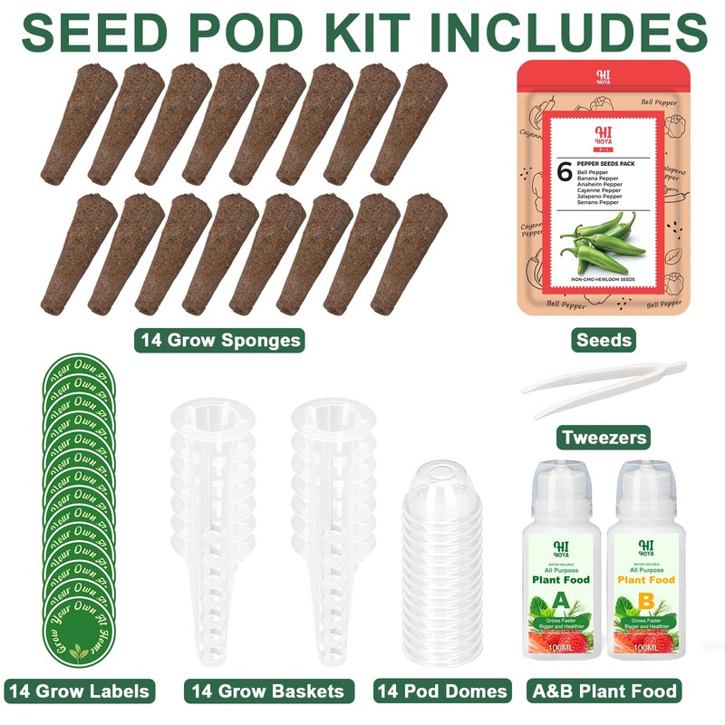 14 POD Pepper Seed Pod Kit, with Serrano, Cayenne, Jalapeño,