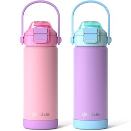 Fimibuke Kids Insulated Water Bottle with Pop-Open Straw & Spout 2-in-1 Lid, 18oz Leak Proof 18/8 Stainless Steel Vacuum Tumbler, BPA-Free Kids Cup For Travel School Boys Girls Toddler 2Packs Macaron