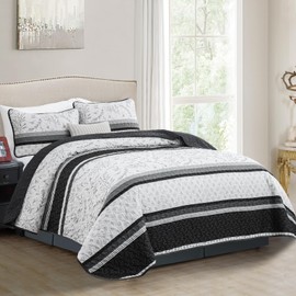 Quilt Set King Size, Black Striped Quilt King Boho Patchwork Leaves Printed Bedspread Coverlet Set with 2 Pillowcases, 3 Piece Soft Lightweight Microfiber Quilt Bedding Set for All Season (104"x90")