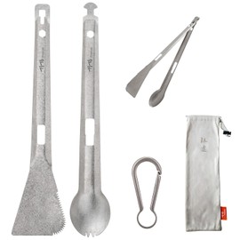 TiTo Titanium 4 in 1 Camping Cookware - Titanium BBQ Tongs, Spork, Knife and Spatula, Portable Lightweight Multi Tableware for Kitchen, Hiking, Backpacking, Outdoor Cooking, Travel, Picnics (Titanium)