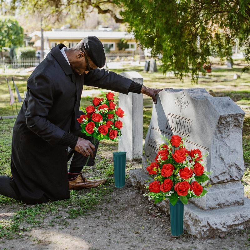AOFOX Artificial Cemetery Flowers with Vase, Headstone Flowers Rose Bouquet,