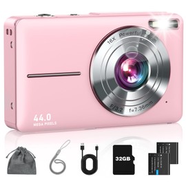 Digital Camera, FHD 1080P Point and Shoot Kids Camera, with 32GB Card, 2 Batteries, 16X Zoom Anti Shake Date Stamp, Compact Portable Small, for Starter Kid Children Teen Student Girl Boy(Pink)