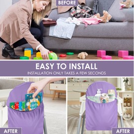 High Chair Handy Pocket Pouch, Mealtime Essentials Organizer of High Chairs, Highchair Accessories of Storage and Oragnization, Resuable PU Storage Bag with Internal Zippered Pocket (Lavender Purple)