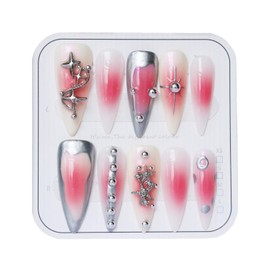 CAMILCY Press on Nails Handmade Nails Luxury Reusable Fake Nails For Girls Long Almond Armor Tip Pink Diamonds Hand Painted Salon Loveful Design Acrylic Gel UV Finished 3D Nails 10PCS (B18, S)