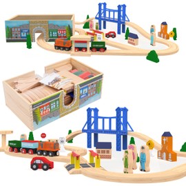ORBRIUM 52 Pcs Deluxe Wooden Train Set with Wooden Storage Box Tunnel Compatible with Thomas, Brio, Melissa