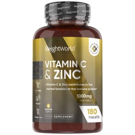 Vitamin C and Zinc Tablets - 6 Months Supply - 1000mg L-ascorbic Acid with Added Zinc - Natural Immunity Supplement (180 Vegan Tablets) - High Strength Vitamin C & Zinc Supplement for Adults