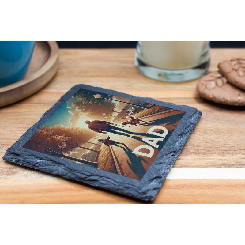 Slate Coaster - Dad Walking with Child & Dog -