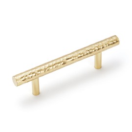 KOPPALIVE 6-Pack Solid Brass Kitchen Cabinet Pulls, Gold Modern T-Bar Handles, 3-Inch Hole Center Hammered Handles for Dresser Drawer Cupboard, 4-13/16 Inch Total Length, Polished Finish