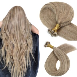 YoungSee Nano Ring Hair Extensions Blonde Human Hair Extensions Nano Beads Hair Extensions 14inch Dark Ash Blonde Highlights with Blonde Hair Extensions Nano Human Hair 50strands 50gram