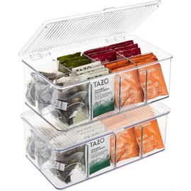 Sorbus 2 Pack Tea Bag Organizer Bins w/Lids & 4 Removable Dividers, Clear Plastic Food Packet Snack Organizer, Stackable Pantry Organization, Kitchen Storage, Fridge Bins, Sturdy Cabinet Organizers