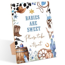 Cowboy Baby Shower Table Sign, Babies Are Sweet Please Take a Treat Sign, Pack of 1 Wooden Tabletop Sign with Stand, Wild West Rodeo Baby Shower Supplies, Gender Reveal Party Decorations - RG22