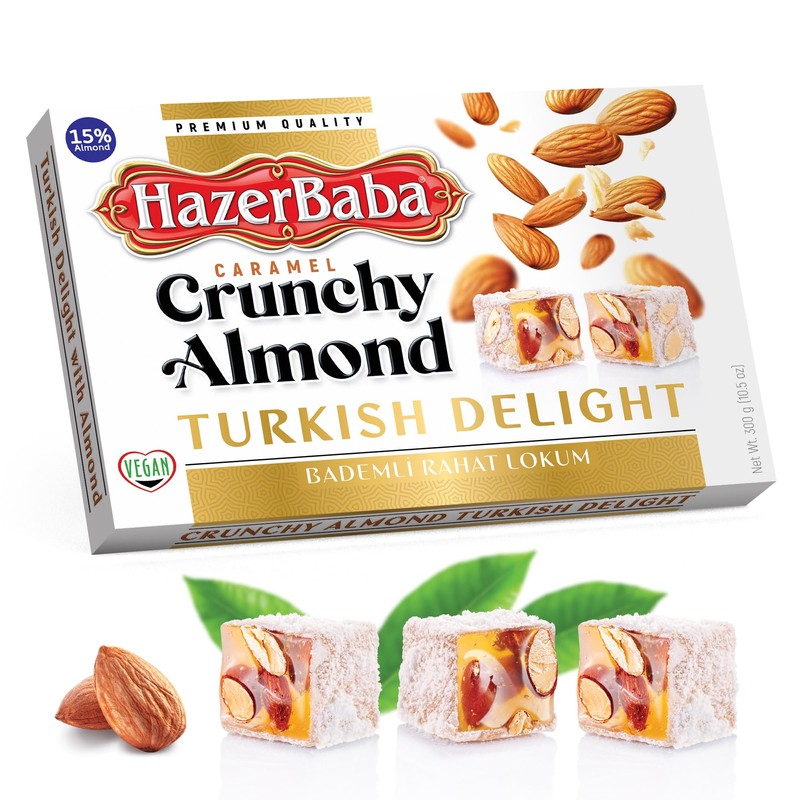 Hazer Baba Premium Turkish Delight Candy with Crunchy Almond, 10.5