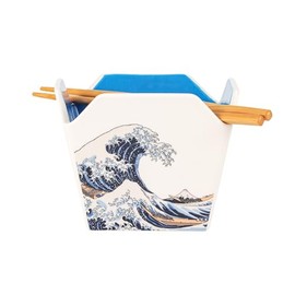 Urban Tokyo Chinese Takeout Box Style Porcelain Bowl With Chopsticks 18 fl oz Square Box Shape Rice Noodles Pasta To Go Box Shaped Bowl Microwave Dishwasher Safe (Great Wave)