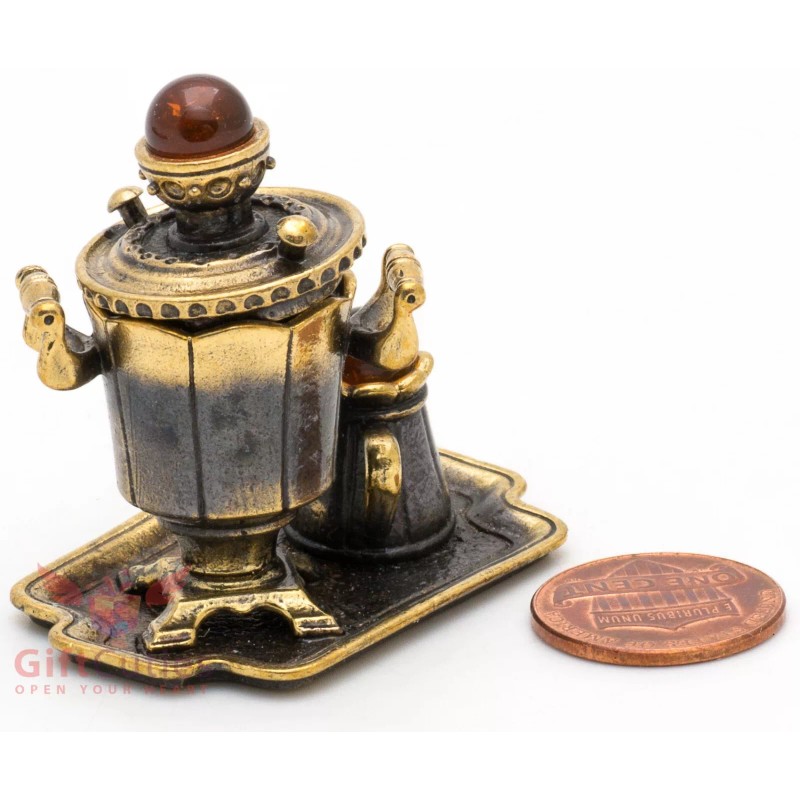 Brass Amber Figurine souvenir of Russian Samovar Teapot set souvenir