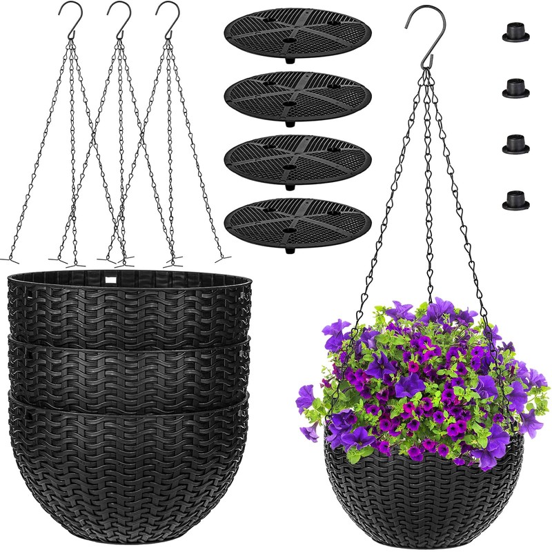 Foraineam 4 Pack Black Hanging Planters, 8.2 inch Hanging Flower