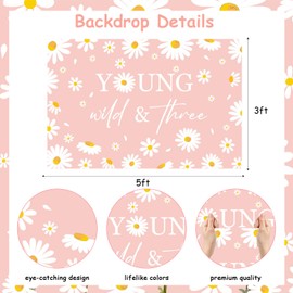 Pink Daisy 3rd Birthday Party Decorations - Young Wild and Three Backdrop, Boho Daisy Flower Birthday Party Photo Photography, Daisy 3rd Birthday Party Decorations for Girls