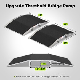 Nuvium 2pc×12"L×1.6"H Bridge Threshold Ramps for Doorways, Fits 2.8–5.1" Wide Thresholds with Adjustable Support Bars,Non-Slip Aluminum Wheelchair Ramps for Home Steps,Sliding Door Ramp for Wheelchair