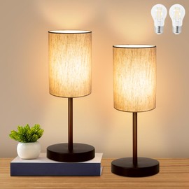 RISLG 2 Pack Small Table Lamps for Bedroom, Bedside Lamps for Nightstand with Wire Switch, Minimalist Modern Desk Lamps with Linen Fabric Shade for Kids Room Living Room Office Dorm, Bulb Included