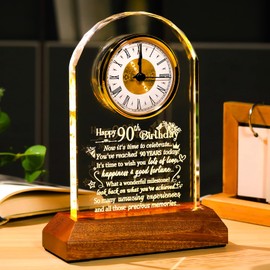 Ornalrist Happy 90th Birthday Glass Quartz Clock Gifts for Men Women, 90 Year Old Birthday Present for Parents, Grandma, Grandpa, 90th Birthday Clock Keepsake with Wooden LED Light Base