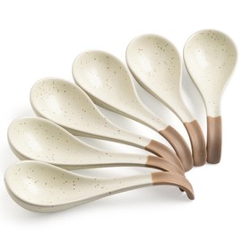 LYEOBOH 6 Pieces Asian Soup Spoons, Japanese Kitchen Soup Spoon Set, Dinner Tablespoons with Long Handle for Cereal, Ramen, Ice Cream, Dishwasher & Microwave Safe, Rustic Decor, White and Brown