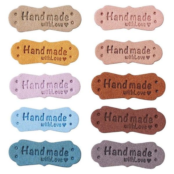 ANBP 50Pcs PU Leather Labels Tags for Handmade DIY Hats Bags Hand Made with Love Label for Clothes Sewing Tags Accessories, Multicolor