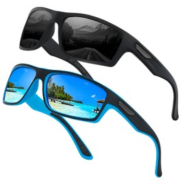 WASAIKKU Polarised Sunglasses Mens 2 Pack UV Protection Sports Sunglasses Driving Running Fishing Golf Outdoor Sun Glasses for Men Women (Black/Blue)