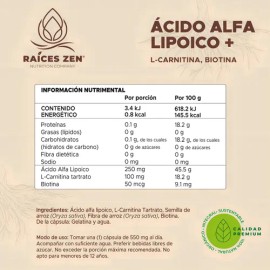 Ácido Alfa Lipoico Con L-Carnitina Y Biotina Suplemento Raices Zen 120 Cápsulas Sin Sabor Para Más De 2 Meses
