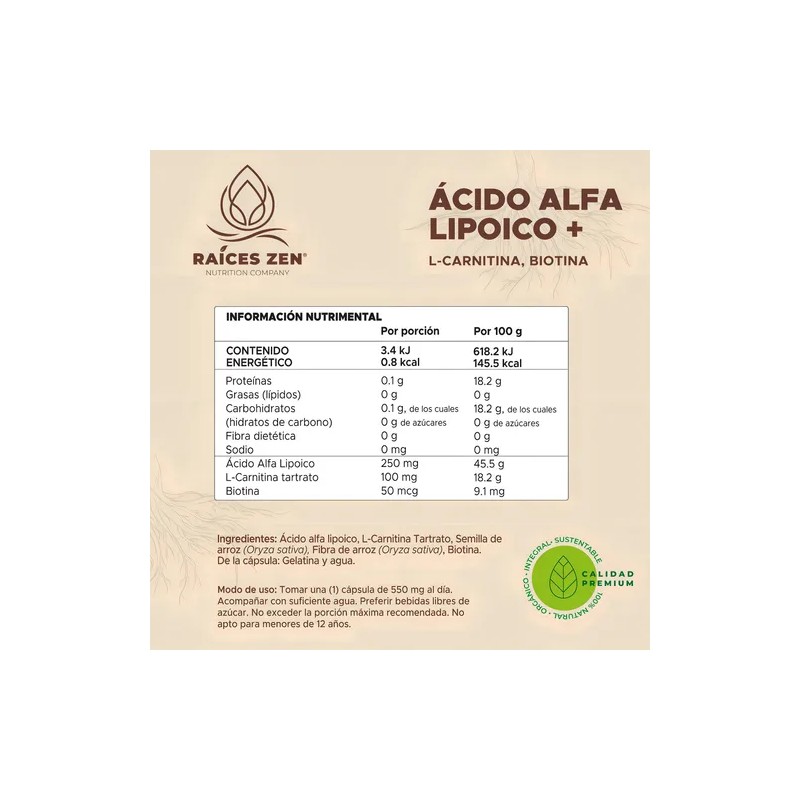 Ácido Alfa Lipoico Con L-Carnitina Y Biotina Suplemento Raices Zen