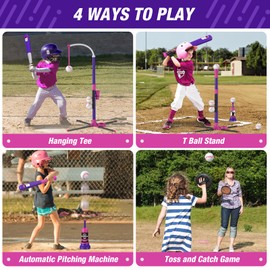 HYES 4 in 1 T Ball Sets for Kids 3-5 with Toss and Catch Ball Set, Hanging Tee Stand with Auto Pitching Machine/ 2 Bats, Indoor Outdoor Toys Baseball Gifts for Toddler Boys Girls, Purple
