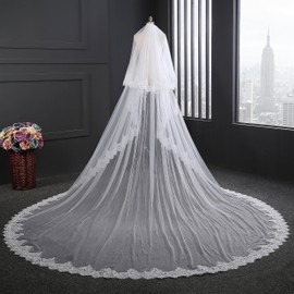 EllieHouse Women's 2 Tier Cathedral Lace Wedding Bridal Veil With Comb L01, White & Sequin Lace, 2 T(1st tier 138inch,2nd tier 31 inch)