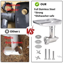 FavorKit Stainless Steel Food Grinder Accessories for KitchenAid Mixers, Dishwasher Safe, Included 3 Sausage Stuffer Tubes and 1 Metal Attachment Knob Screw Replacement